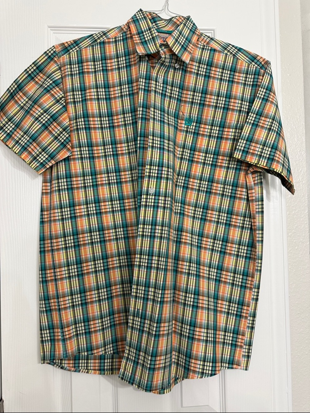 Cinch Short-Sleeve Plaid Button-Up Shirt - Teal, Orange & Cream